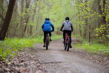pair bicycling on a woodland trail