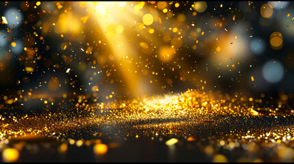Elegant golden confetti explosion on dark background, ideal for festive events, award ceremonies, or luxury product presentations - obrazy, fototapety, plakaty