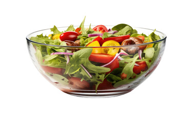 Salad in glass bowl on a White or Clear Surface PNG Transparent Background.
