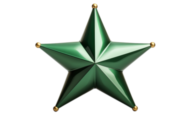 Green Christmas star with golden caps on a White or Clear Surface PNG Transparent Background.