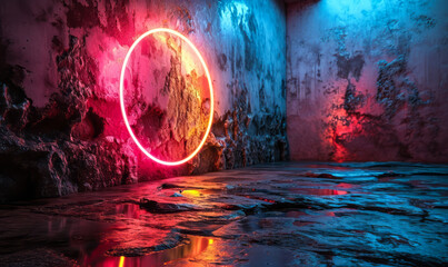 Fototapeta na wymiar Minimalist Glowing Neon Circle on a Dark Background, Symbolizing Concepts of Futurism and Infinity