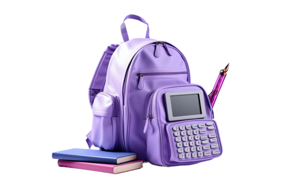Purple Lavender Backpack with Calculator and note books on a White or Clear Surface PNG Transparent Background.