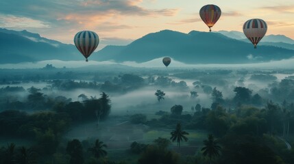 Hot air balloon over the green jungle in the fog at sunrise