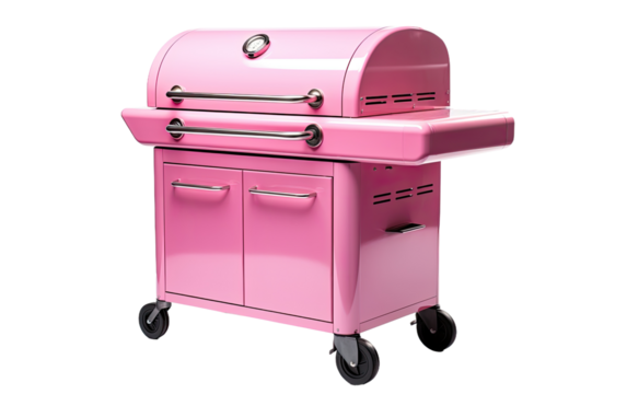 Pink BBQ Grill Smoker Box with black wheels on a White or Clear Surface PNG Transparent Background.