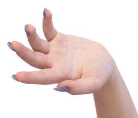Girl's hand with blue manicure on a white background. Close-up