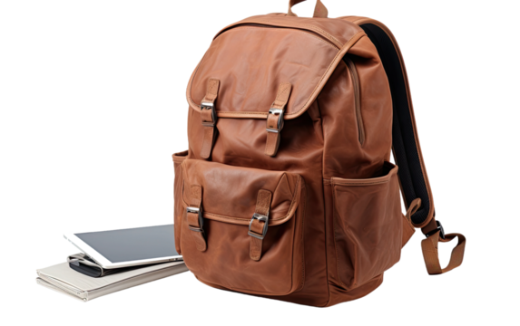 Rust Brown Backpack with Laptop on a White or Clear Surface PNG Transparent Background.