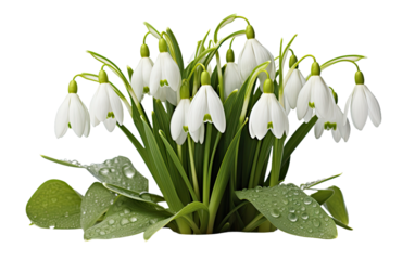 White flowers with leaves and water drops on leaves on a White or Clear Surface PNG Transparent Background.