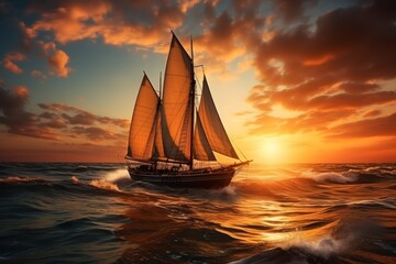 Beautiful sailing yacht travel in the ocean at sunset
