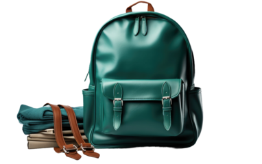 Teal Backpack with School Uniform and two belts on a White or Clear Surface PNG Transparent Background.