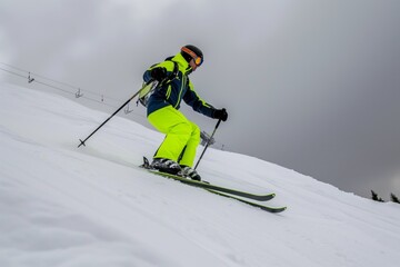 Fototapeta na wymiar skier in neon suit against overcast sky on slope edge