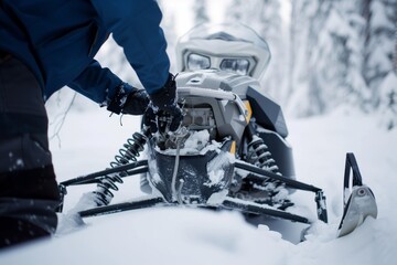 person fixing their snowmobiles engine in the snow