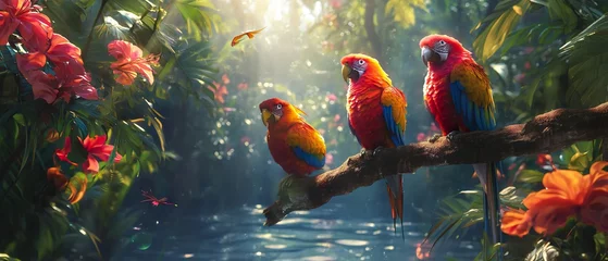 Foto op Canvas Bright Colored Parrots Sitting On A Branch In The Tropical Forest. Illustration On The Theme Of Nature And Animals, Ecology And Climate. Generative AI   © MICHAEL KUK