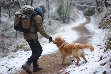 hiker interacting with a friendly dog on a snowy path