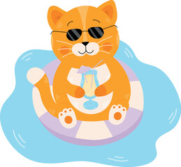 Cool cartoon red cat character with sunglasses. Cat relaxing on holiday with a cocktail. Swimming circle, sea. Vector illustration