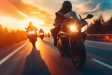group of super sport motorcycle riders riding together at sunset - obrazy, fototapety, plakaty