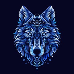 Flat logo wolf azulejo style on a black background. Azulejo style.