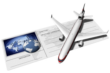 PNG. Trasparente. Aeroplano appoggiato su biglietto aereo con raffigurato il mondo ed i suoi possibili collegamenti.. - 729890180