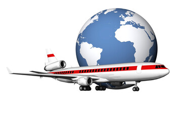 PNG. Trasparente. Aeroplano  con sullo sfondo il mondo con le sue possibili destinazioni..