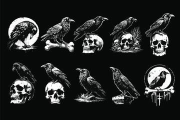 Set Bundle Dark Art Crows Raven Bird with Skull and Bones Grunge Vintage Old School Style illustration for Merch - obrazy, fototapety, plakaty