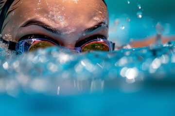 athlete wearing goggles swimming breaststroke closeup - obrazy, fototapety, plakaty