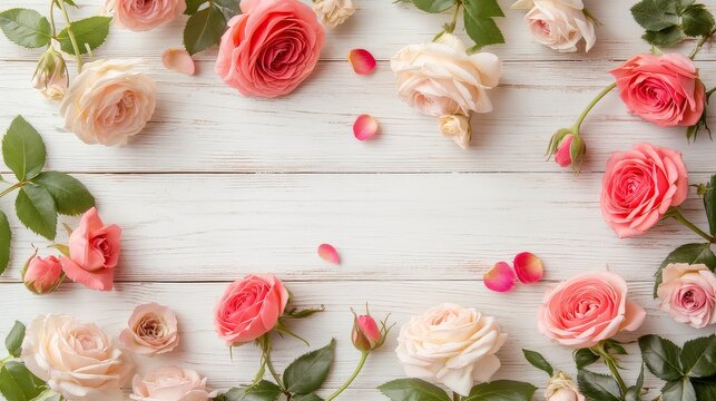 Beautiful rose flowers on a wooden background with a place for dough