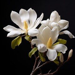 White Magnolia Blossoms on Dark Background, A branch of white magnolia flowers in full bloom, presented against a contrasting dark background to enhance their beauty.
