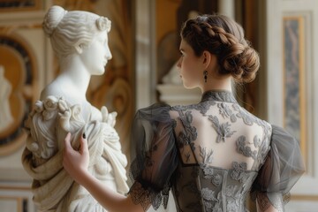 female in a victorian dovegray gown with a low bun admiring a statue