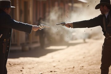 duel scene with two men facing each other, hands over revolvers, on a dusty street