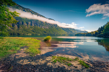 Calm summer view of Bohinj lake with foggy freen peaks on background. Adorable morning scene of...