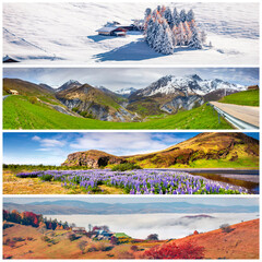 Set of beautiful panoramic views of the four seasons. Stunning landscapes of high mountains, foggy...