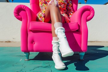 hot pink armchair, person in retro outfit, white gogo boots - obrazy, fototapety, plakaty
