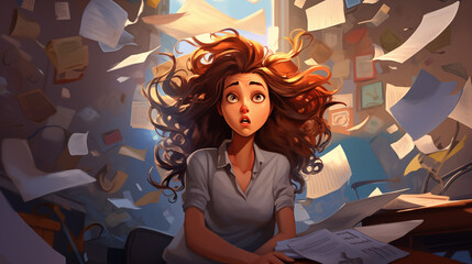 Girl, young woman, cartoon, animation, depicting the idea of a rush of tasks, confusion, ADHD, chaos, overwhelming responsibilities