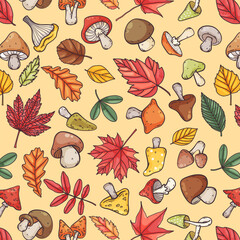 Autumn leaves and mushrooms seamless pattern, cute cartoon line colorful style, vector illustration