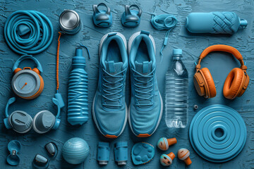 A fitness-themed flat lay with running shoes, a water bottle, and headphones. Concept of health and...