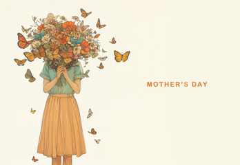 Illustration of a woman holding a bouquet of spring flowers that covers face. Butterflies around her against a light background