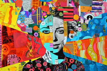 Mental health concept. Pop art collage. Happy woman face