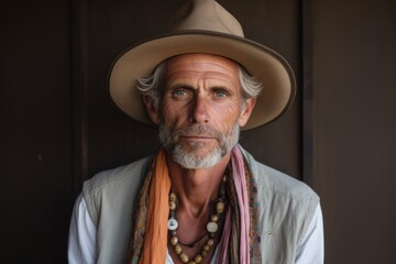 Portrait of a senior man wearing a cowboy hat and colorful scarf