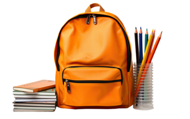 Orange Backpack with Books and Color Pencils on a White or Clear Surface PNG Transparent Background.