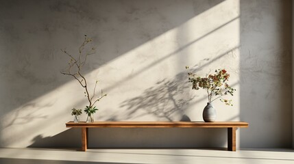 A tranquil scene of assorted branches in vases on a wooden bench, casting shadows on a textured wall, embodying Zen aesthetics and the beauty of simplicity.