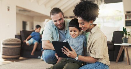 Tablet, home and happy family parents, kid or people working on e learning, knowledge or helping...
