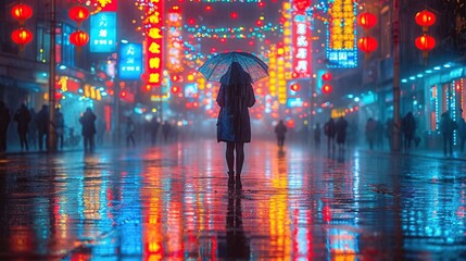 A lone figure with an umbrella walks through a city at night, with vibrant street lights reflecting on wet pavement. Capturing the urban atmosphere, it's suitable for themes of solitude and city life.