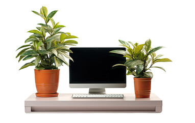 Computer table with a side plant on a White or Clear Surface PNG Transparent Background.