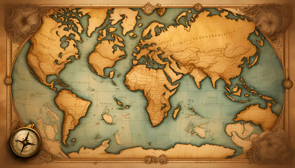 Obraz premium Landkarte mit Inseln und Kontinenten auf altem vergilbten Pergament Papier beschädigt mit Kompass in warmen Licht der goldenen Stunde auf einem Holztisch ausgerollt, Windrose Reisen Navigation maritim