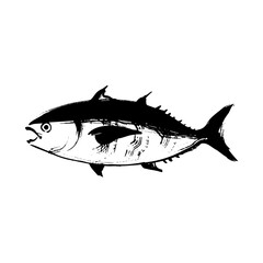 クロヒレマグロの和風ベクターイラスト（白黒）。