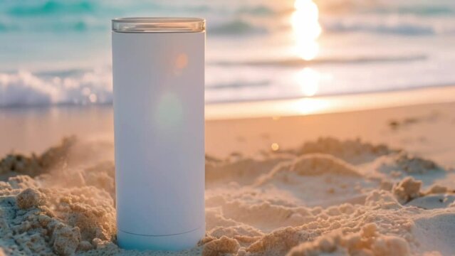 Close-up of a white color 20oz Straight Skinny Tumbler includes a lid,  on a sand with a blurred or bokeh background of a sunset at Beach, waves crashing onto shore, Skinny Tumbler mockup