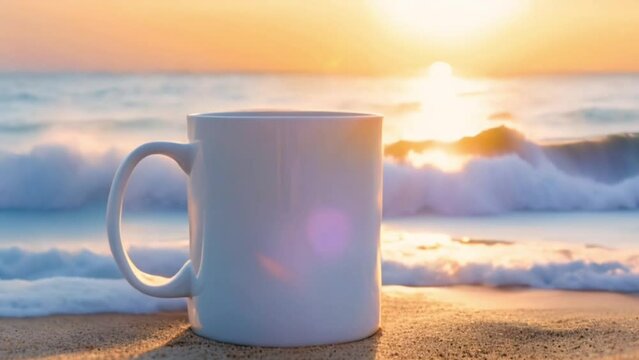 Close-up of a white color Mug on a sand with a blurred or bokeh background of a sunset at Beach, waves crashing onto shore, Mug mockup.