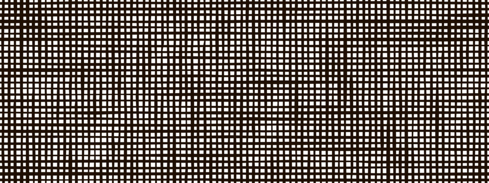 Grunge silhouette of linen sack as seamless pattern. Square mesh blank fabric for handicraft with rough hessian texture. Cotton burlap for cross-stitch embroidery. Monochrome vector illustration