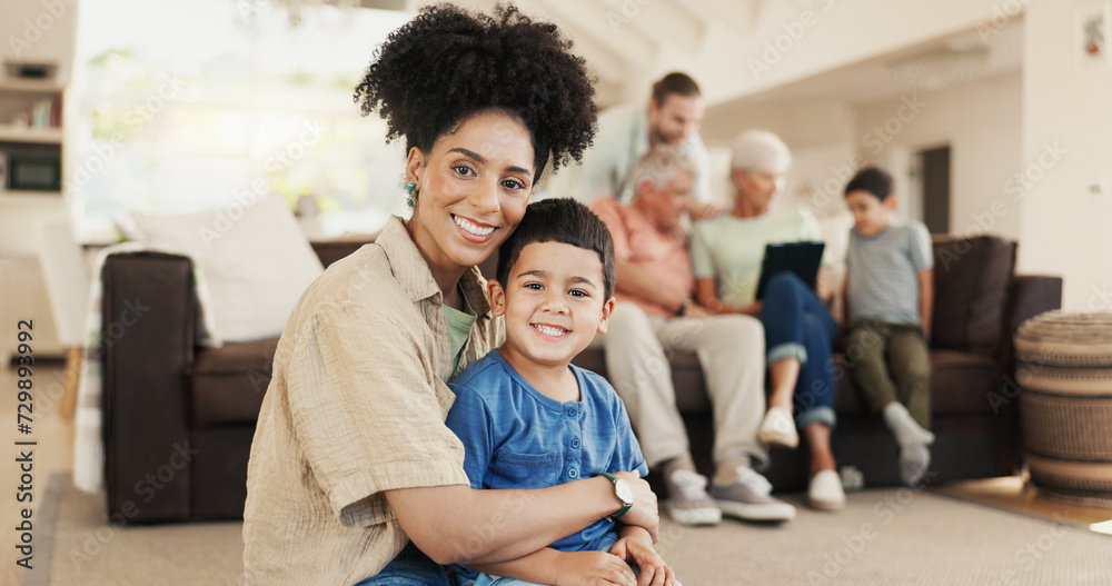 Canvas Prints Face, happy and mother with kid in home living room, bonding and having fun together. Smile, children and portrait of African mom in lounge with care, love and enjoy quality time for family adoption.