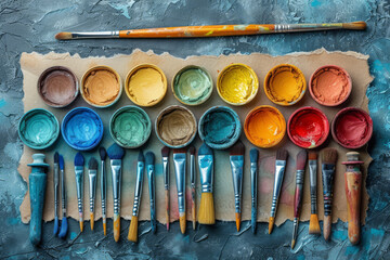 A watercolor artist's flat lay with a palette, brushes, and paper, ready for painting. Concept of watercolor art and creative inspiration. Generative Ai.