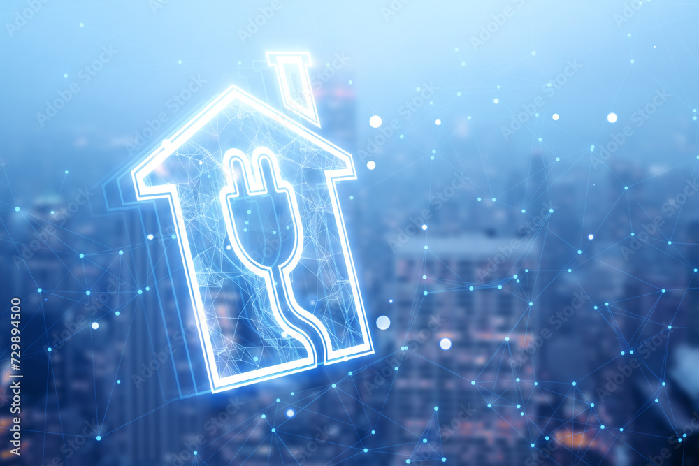 Poster abstract house and plug hologram on blurry city background with polygonal mesh. smart home and innov